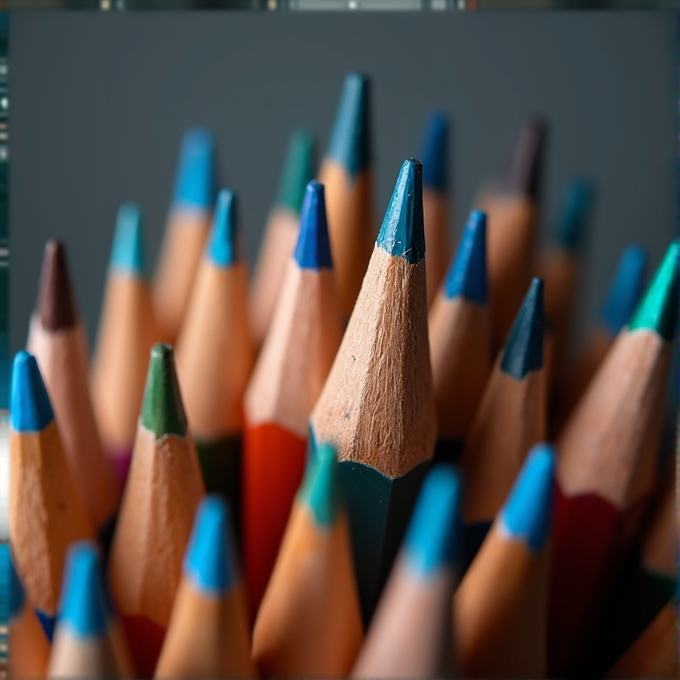 A close-up view of a cluster of sharpened colored pencils, showcasing a variety of vibrant hues with a focus on the pointed tips.