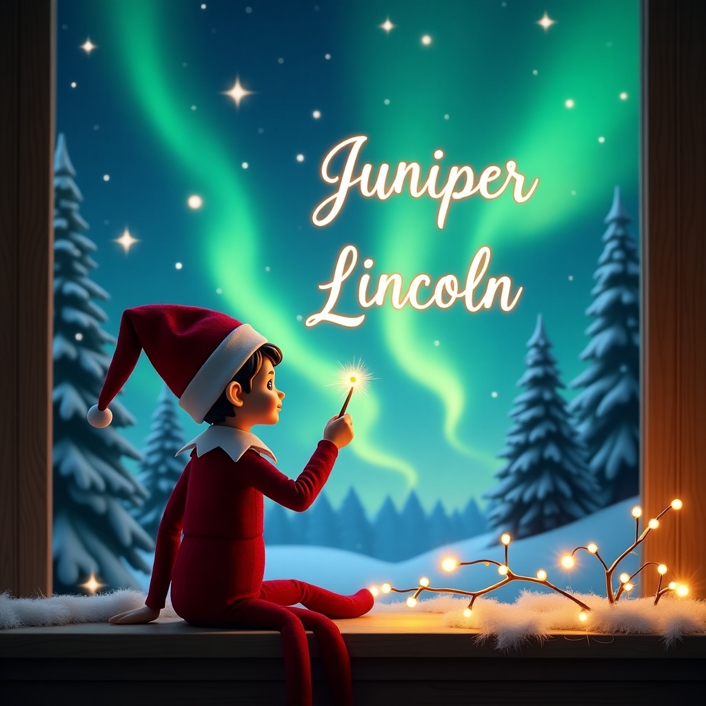 The scene features an adorable elf on the shelf, sitting on a windowsill with a beautiful view of the night sky. The elf is facing away from the viewer, gazing up at the magical northern lights. In his hand, he holds a glowing magic wand, elegantly writing the names 'Juniper', 'Lincoln', and 'Aurora' in the sky. The background is filled with snowy trees and twinkling lights, creating a warm and festive atmosphere. This enchanting Christmas scene captures the spirit of the season and the joy of giving.