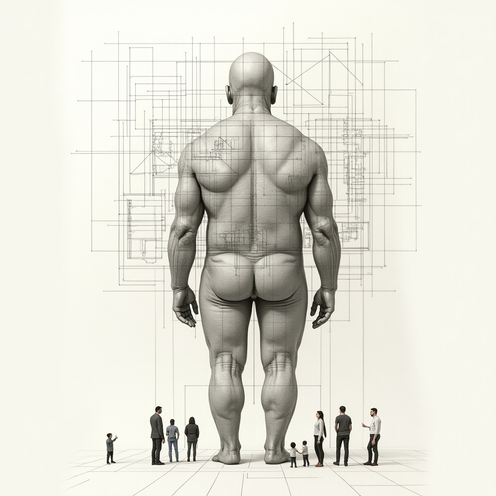 An abstract depiction showcases a large figure with architectural plans behind. Small people surround the figure, illustrating scale differences. Minimalistic style enhances focus on form and design.