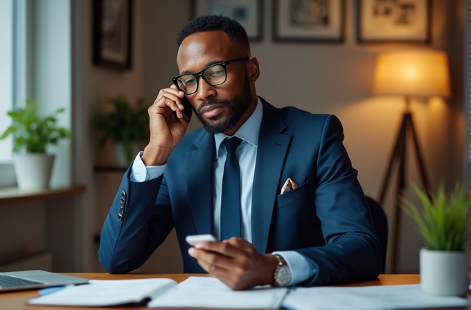 A well-dressed man in a business suit, wearing glasses, is talking on a mobile phone in a modern office setting with plants and soft lighting.