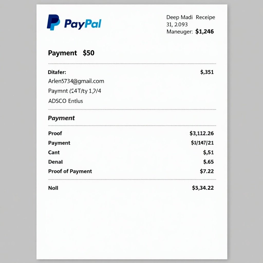 Image shows a PayPal payment receipt. The payment amount is $50. Features an email address associated with the payment. Includes proof of payment details. Useful for financial records and transaction verification.