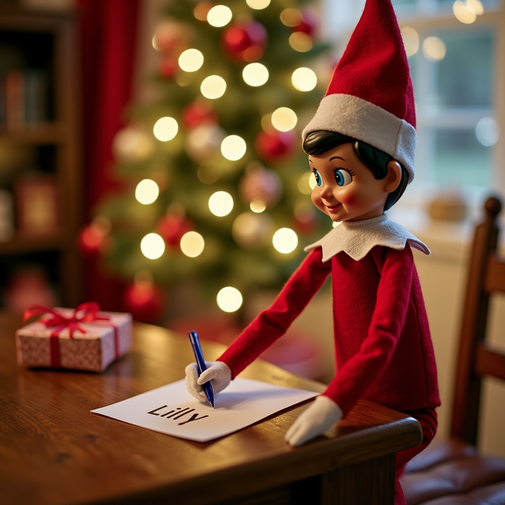 This image features an adorable Elf on the Shelf character sitting at a wooden table, intently writing the name 'Lilly' on a white sheet of paper. The elf is dressed in a bright red outfit with a classic white collar and a pointed red hat. In the background, there is a beautifully adorned Christmas tree, with sparkling lights casting a warm glow over the scene. The atmosphere feels festive and whimsical, perfect for capturing the magic of the holiday season. There is also a small gift box next to the elf, adding to the charm of the setting.