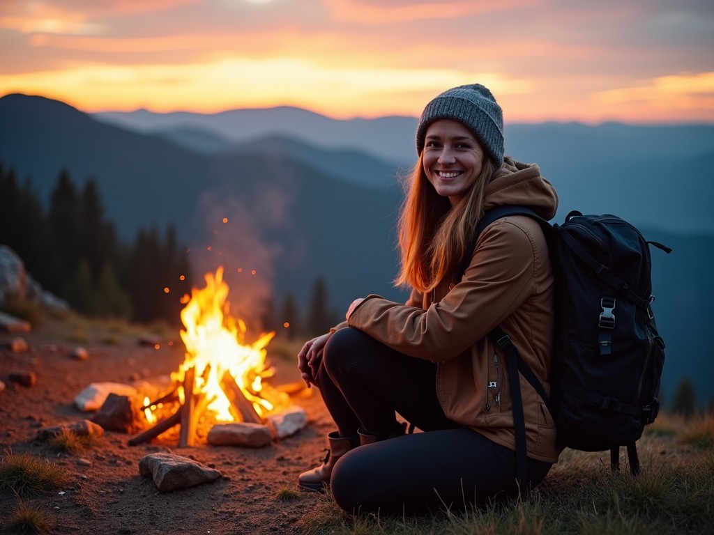 A person sitting by a campfire on a mountain during sunset, wearing outdoor gear, smiling, with mountains in the background.