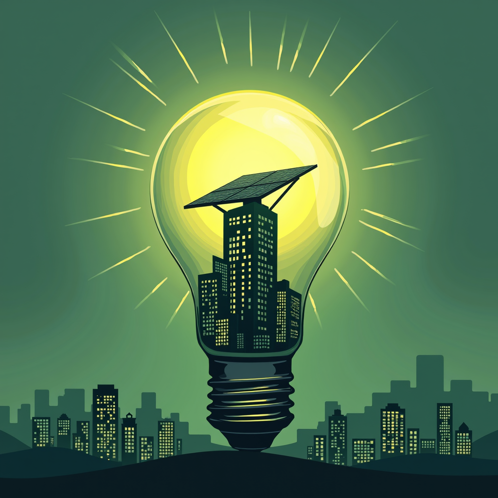 A cityscape, featuring buildings with a solar panel, is creatively represented inside a glowing light bulb.