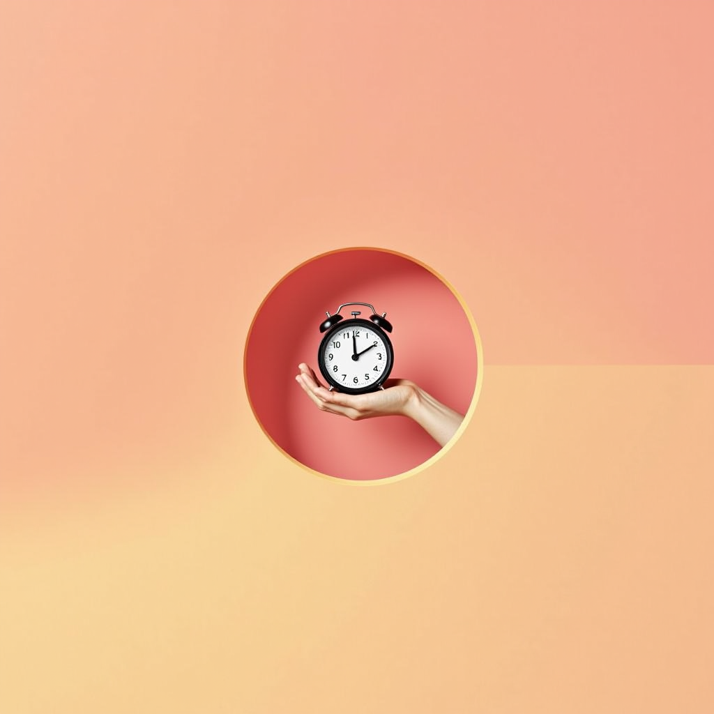 The image features a minimalist and artistic composition. A hand is holding a classic black and white alarm clock, framed perfectly within a circular cutout. The background is a gradient of light peach and soft orange, creating a warm and inviting atmosphere. The contrast between the detailed clock and the smooth, pastel backdrop emphasizes simplicity and the passage of time. The image is aesthetically pleasing and balanced, with a modern touch.