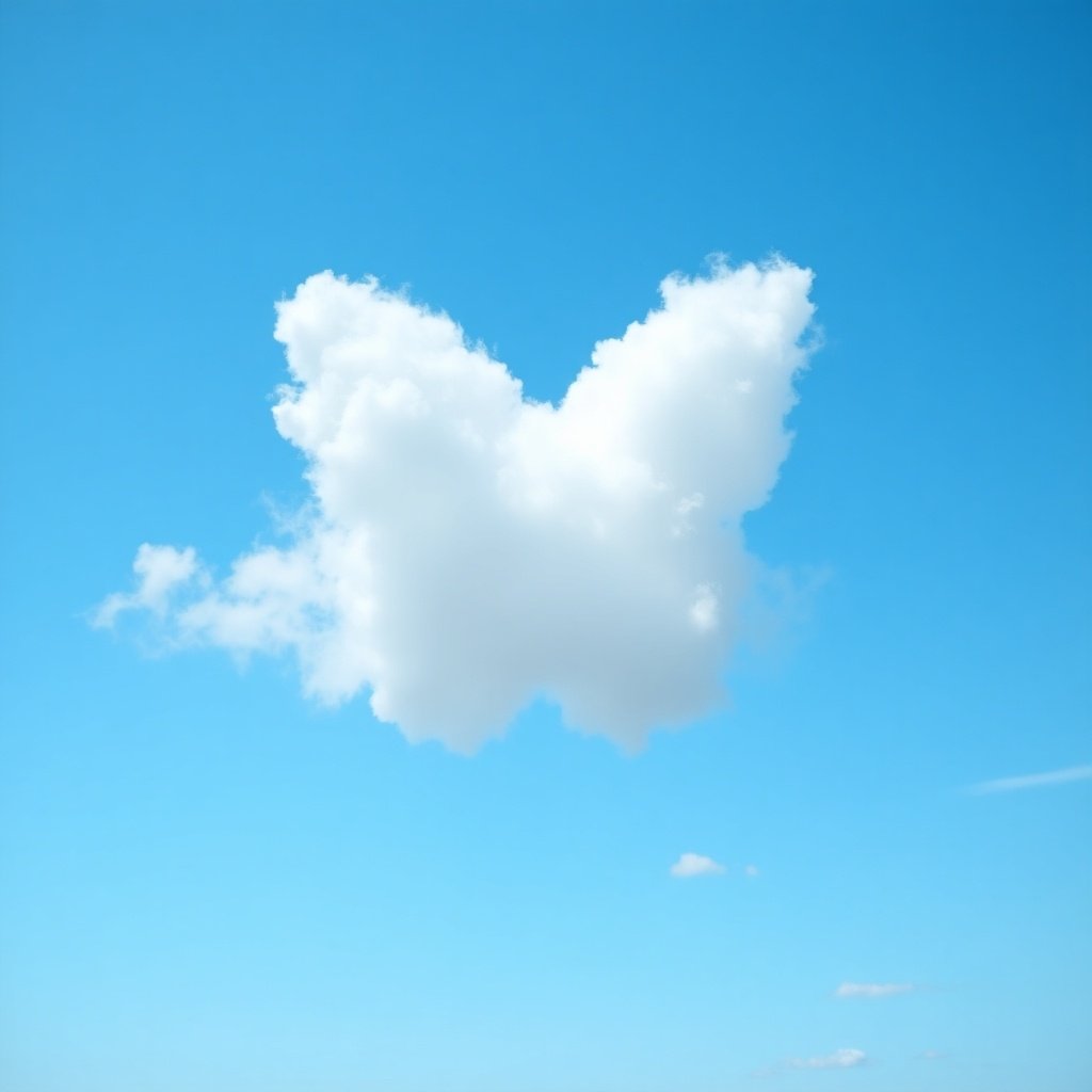 Bright blue sky featuring a fluffy white cloud shaped like a butterfly. 