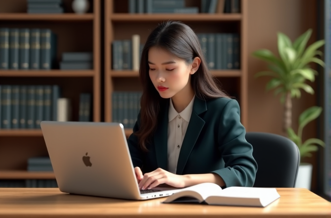 A person in formal attire works intently on a laptop at a desk, surrounded by bookshelves and a plant in the background.