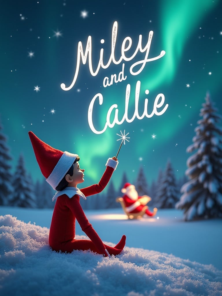 Enchanted Christmas scene with an elf on the shelf. Elf sits with back to viewer. Wand elegantly writes names 'Miley' and 'Callie' in night sky. Stunning northern lights in background. Santa Claus image in distance. Snow blankets the ground. Capturing holiday joy and wonder.