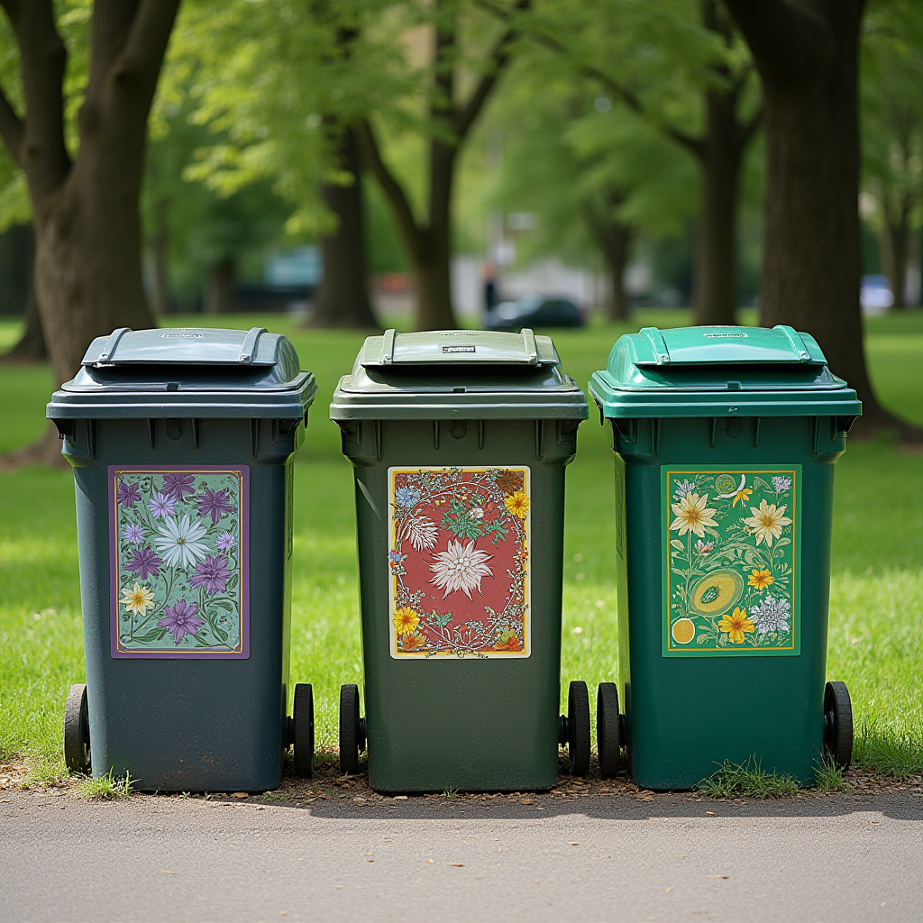 Three waste bins in a park, each uniquely decorated with vibrant floral designs, set against a lush green background.