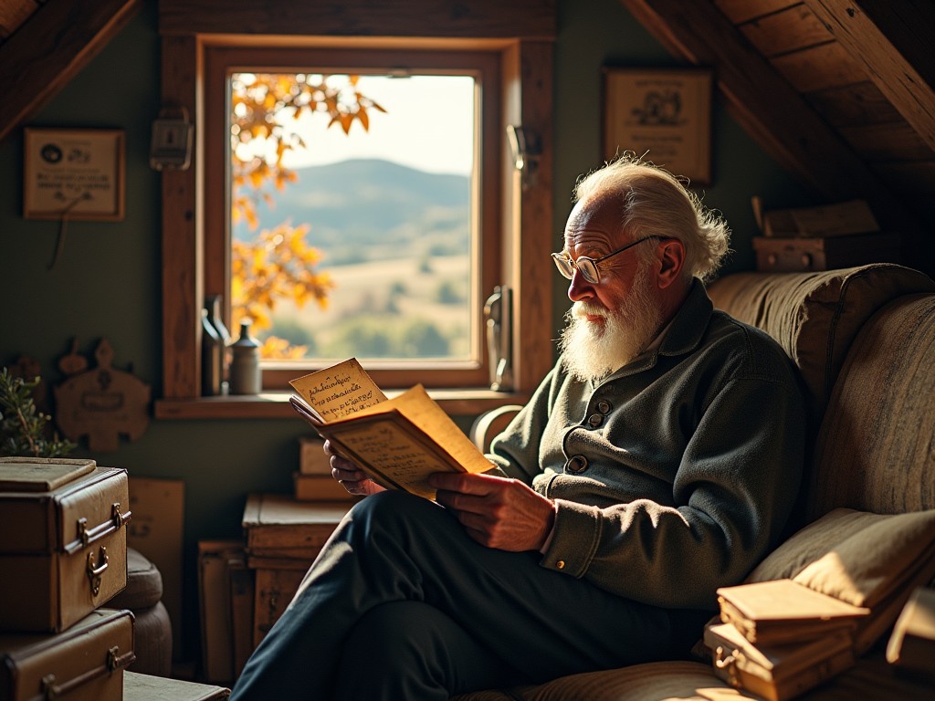 The image shows an elderly man named Arthur sitting comfortably in an attic filled with memories. He is reading a stack of letters in soft, warm light that comes through a window. The scene is filled with vintage items, enhancing the feeling of nostalgia. Arthur is surrounded by picturesque views of rolling hills outside, adding to the autumn atmosphere. The moment captures a sense of peace and reflection as he delves into stories of love unfulfilled.