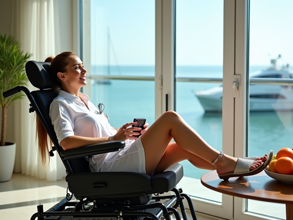 In a luxurious seaside setting, a woman relaxes in a power wheelchair, enjoying the serene view of the ocean through large panoramic windows. She has a sunny smile, indicating her ease and comfort. Dressed in a white outfit suitable for a relaxing day indoors, she engages with her smartphone while her feet rest on a tanned footrest. The table beside her holds cantine fruits, enhancing the feeling of leisure. The environment is bright and airy, embodying a blend of modern healthcare and comfort, making it an ideal spot for relaxation. A luxurious boat can be seen in the distance, adding an upscale touch to the serene scene.