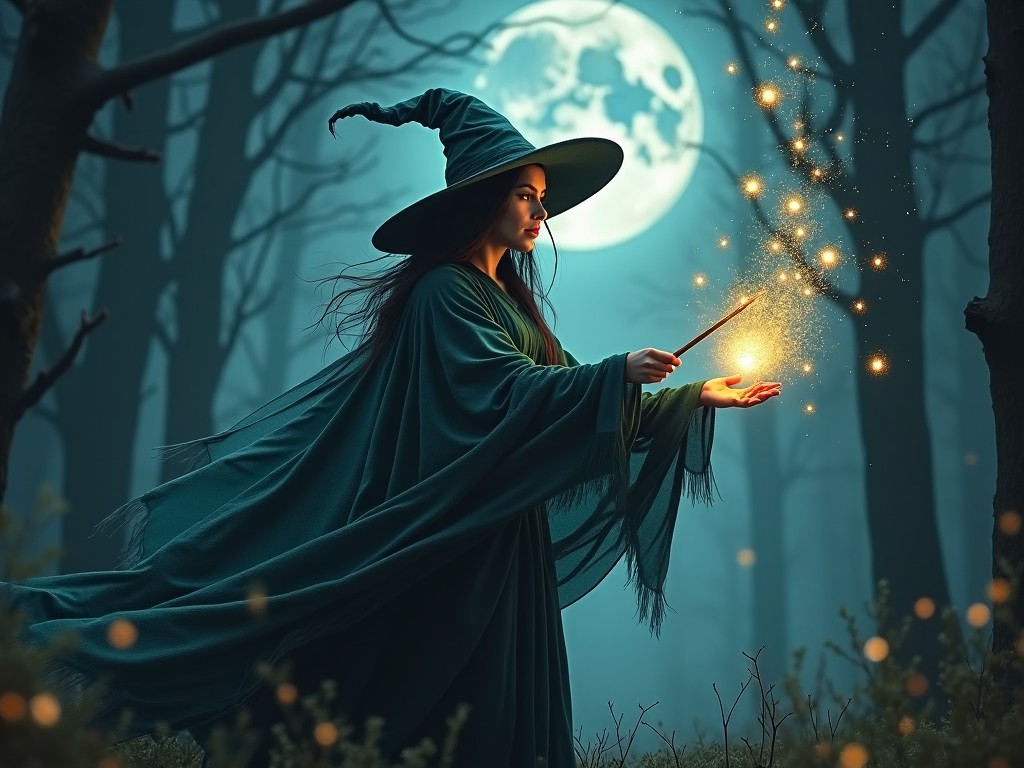 A witch is casting a spell in a mystical forest. She wears a dark green cloak and a pointed hat. Magic sparkles emerge from her wand, illuminating her hand. The background features tall trees and a glowing full moon. The atmosphere is enchanted and mysterious, evoking a sense of wonder and fantasy. The colors are deep and rich, adding to the magical ambiance. This scene captures the essence of witchcraft and enchantment, creating a captivating visual experience. It’s perfect for stories or themes related to magic and fantasy.