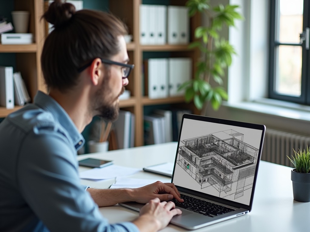 A person is seated in a modern office environment, engaged in studying a 3D architectural model displayed on their laptop. The office features shelves filled with supplies and organized materials. The individual appears focused and analytical, with their hair styled in a neat bun. Natural light floods the room through a window, enhancing the working atmosphere. A small green plant adds a touch of nature to the workspace, providing balance to the technological elements.