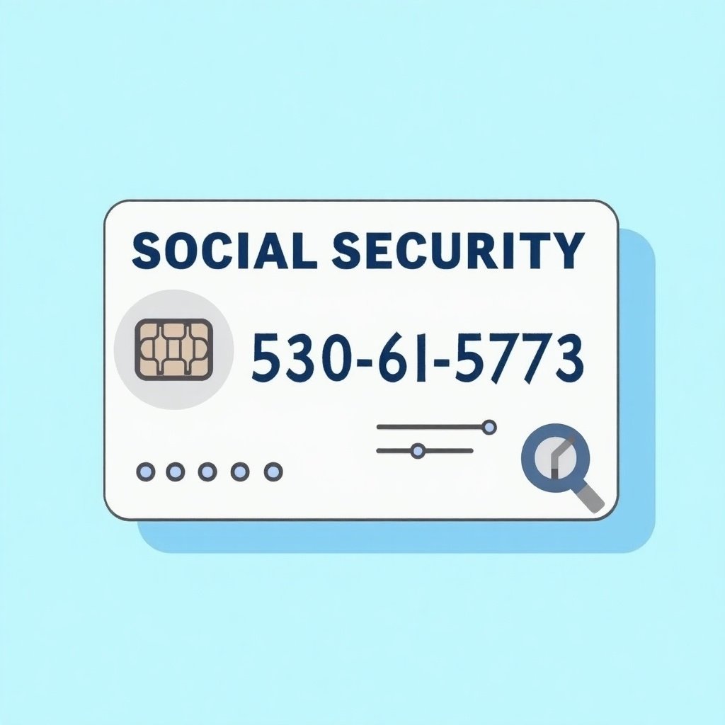 Depiction of a generic social security card. Card shows the text 'SOCIAL SECURITY' prominently. Key numbers displayed include '530-61-5773'. A graphic chip is illustrated on the card. Decorative elements indicate its official nature. Background is soft blue, enhancing visual appeal. Design looks professional and clean, reflecting importance of social security.