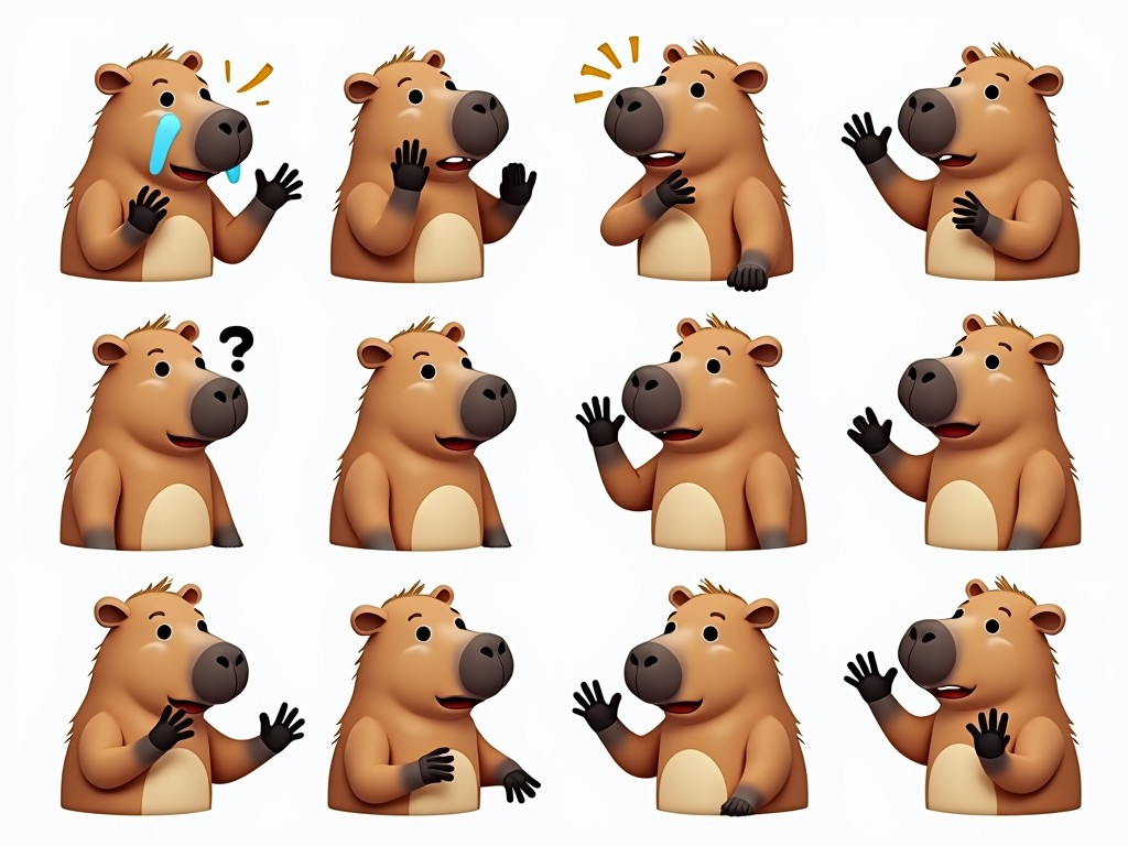 This illustration depicts a cute, cartoonish capybara displaying a range of expressions and gestures. The capybara is shown in multiple poses, some with tears, a question mark, and waving hand gestures, conveying various emotions. The background is plain, allowing the focus to remain on the capybara's animated and endearing character.