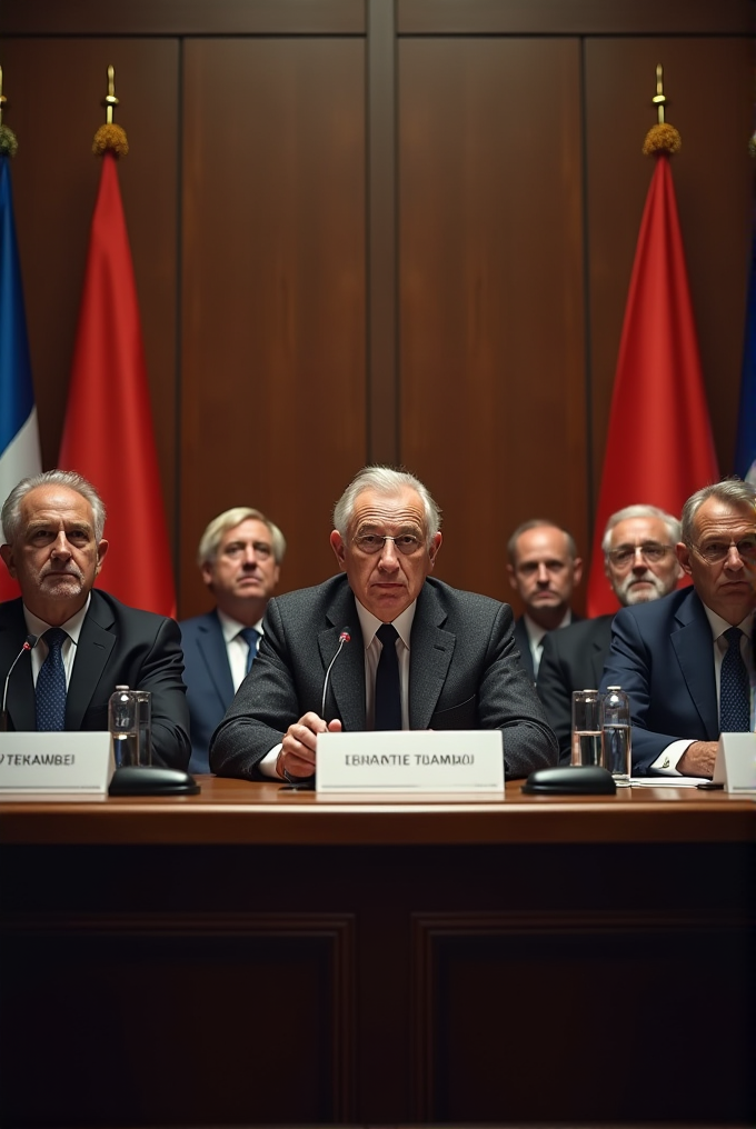 A formal meeting scene with officials seated at a conference table, flags in the background.