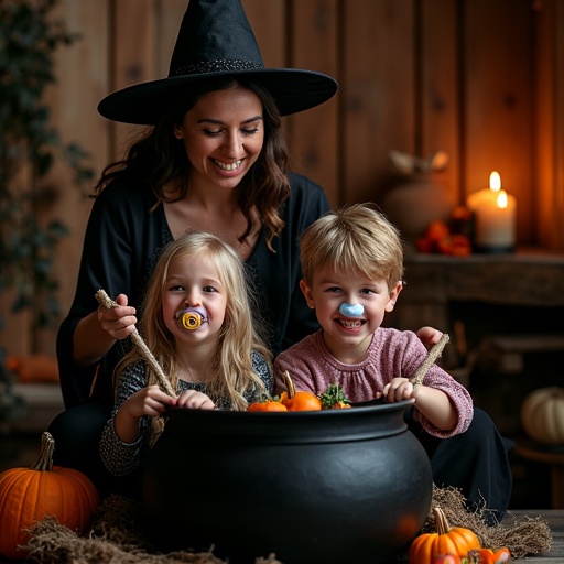 A mother dressed as a witch is playfully pretending to cook in a large cauldron. Two children sit inside the cauldron. The children are wearing pacifiers and are tied up. The scene captures a spooky yet playful Halloween vibe. Decorative pumpkins and candles are present in the background.