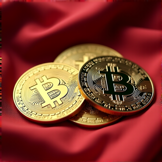 Three shiny Bitcoin coins rest on a crumpled red fabric background, capturing a mix of digital innovation and luxury.