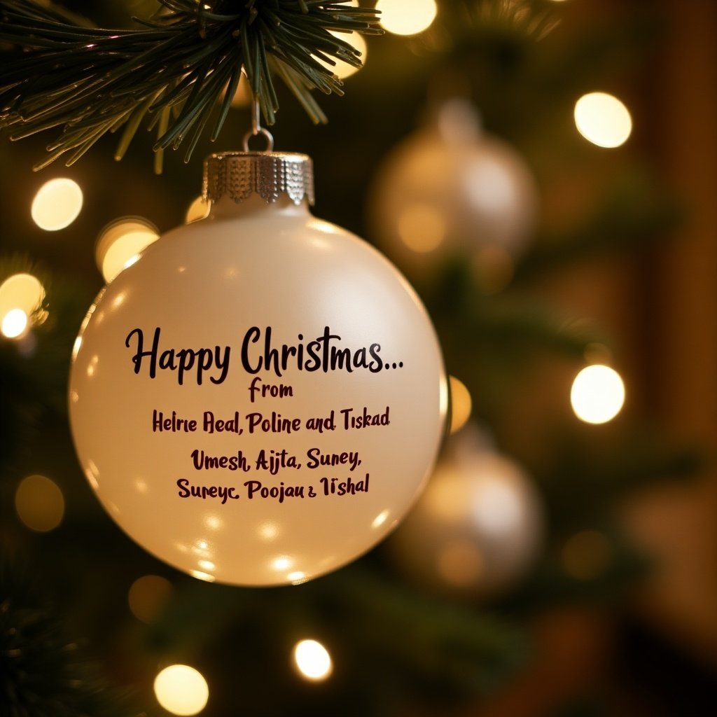 Close-up of a white Christmas bauble with text Happy Christmas. The bauble features names from a family or group: Umesh, Ajita, Suney, Pooja, and Vishal. Twinkling lights glow in the background. The scene evokes a festive holiday atmosphere.