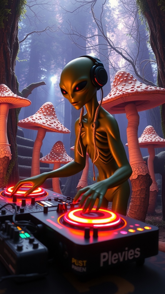 A green alien with headphones operates a DJ controller in a mystical forest surrounded by giant mushrooms.