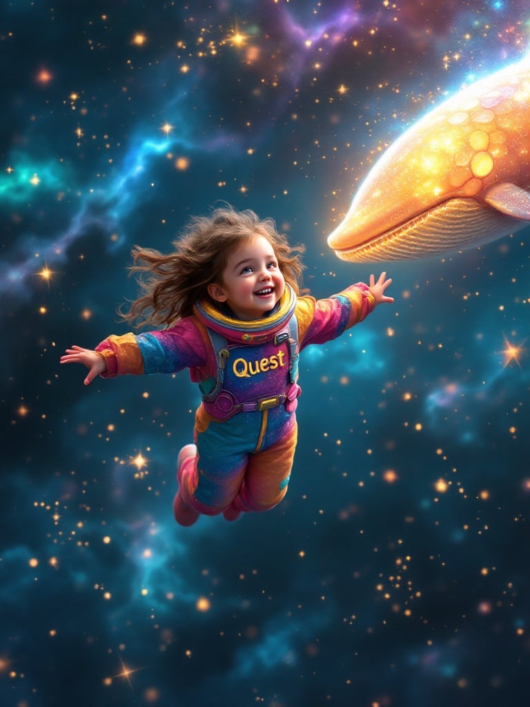 A four-year-old girl dressed as an astronaut floats in space. Her vibrant space suit is colorful and has the word Quest embroidered in gold. She reaches out to a gigantic space whale swimming nearby. The background is a star-filled cosmos with swirling colors. The scene evokes imagination and the beauty of exploration.