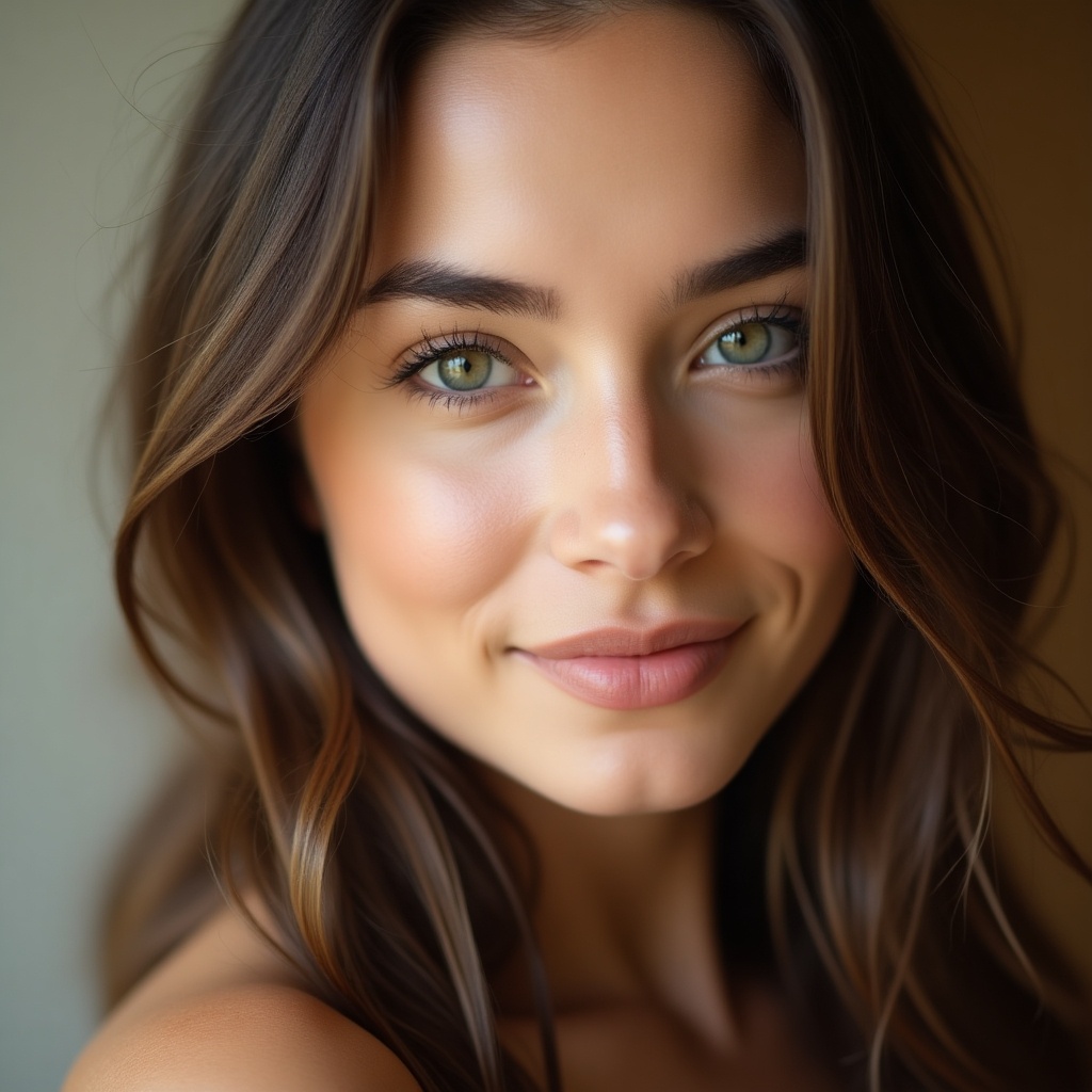 A close-up portrait of a young woman that captures her soft features and natural makeup. She has long, wavy hair and a gentle expression that radiates warmth and approachability. The soft lighting beautifully highlights her facial features, creating a serene atmosphere. The background is simple and unobtrusive, ensuring that the focus remains entirely on her face. The color palette is composed of warm and soft tones, enhancing the overall aesthetic and feeling of calmness in the image.