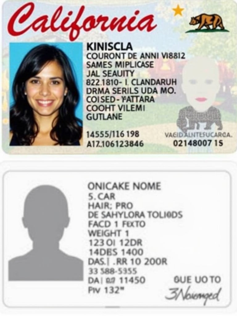 California driver license displays personal identification details. Includes name address date of birth. Holder is female black hair black eyes height 5 feet 11 inches weight 152 pounds. Features security elements valid until October 16 2028 issued December 15 2023. Standard layout with text symbols.