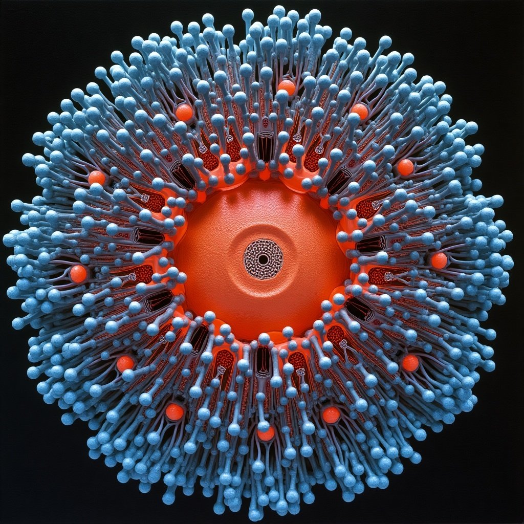 Visual depiction of a Hadley cell. Highly detailed and symmetrical structure. Central core surrounded by various elements. Bright colors emphasize the biological theme.