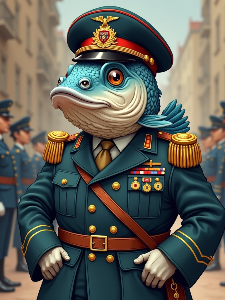 Cartoonish depiction of a fish character in military attire. Uniform complete with hat and decorations. Serious expression adds depth to character. Full body view emphasizes uniforms details.