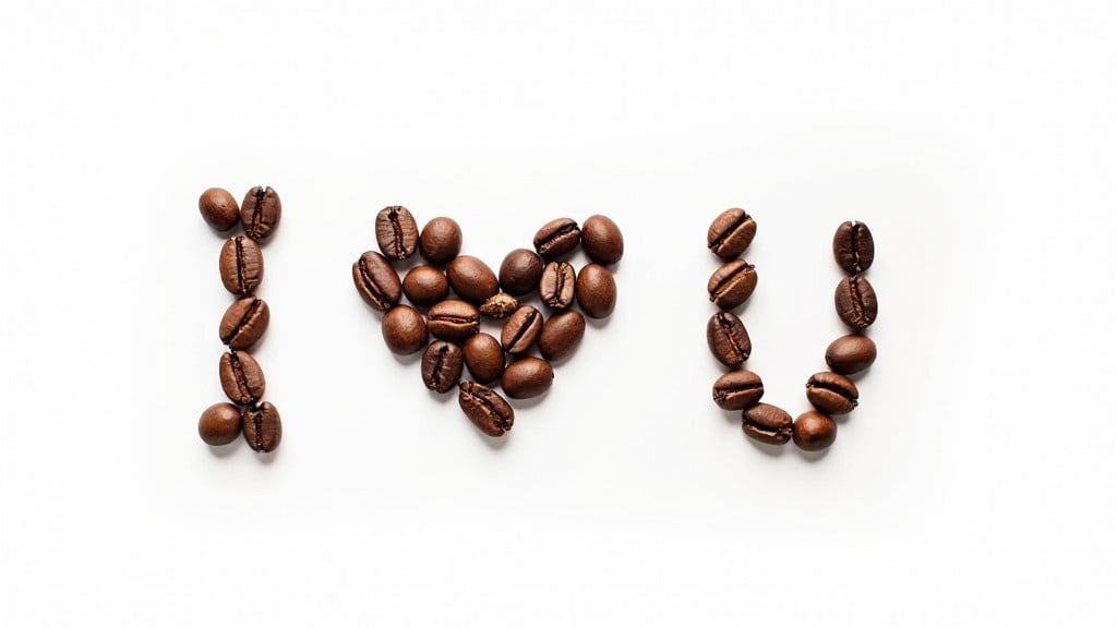 Professional photo features coffee beans creatively arranged to spell out the phrase I U on a clean white background. Letter I is represented by vertical coffee beans. A heart shape is formed by clustered coffee beans. Letter U is outlined using coffee beans. The image blends affection with a love for coffee in a visually pleasing manner.