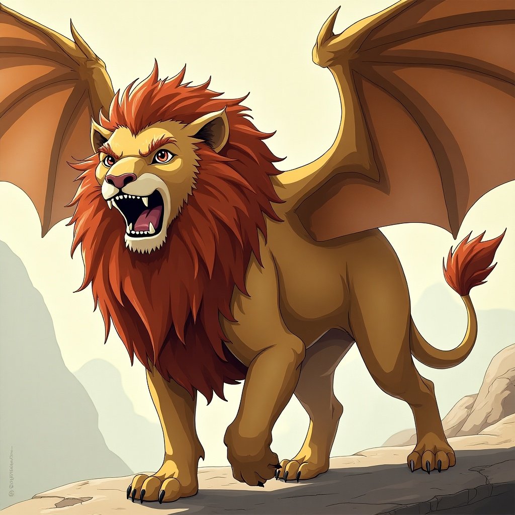 A winged lion stands majestically on a rocky terrain. It has a vibrant orange mane and fierce eyes. The lion's wings are large and bat-like. The background has a soft gradient suggesting a fantastical landscape.