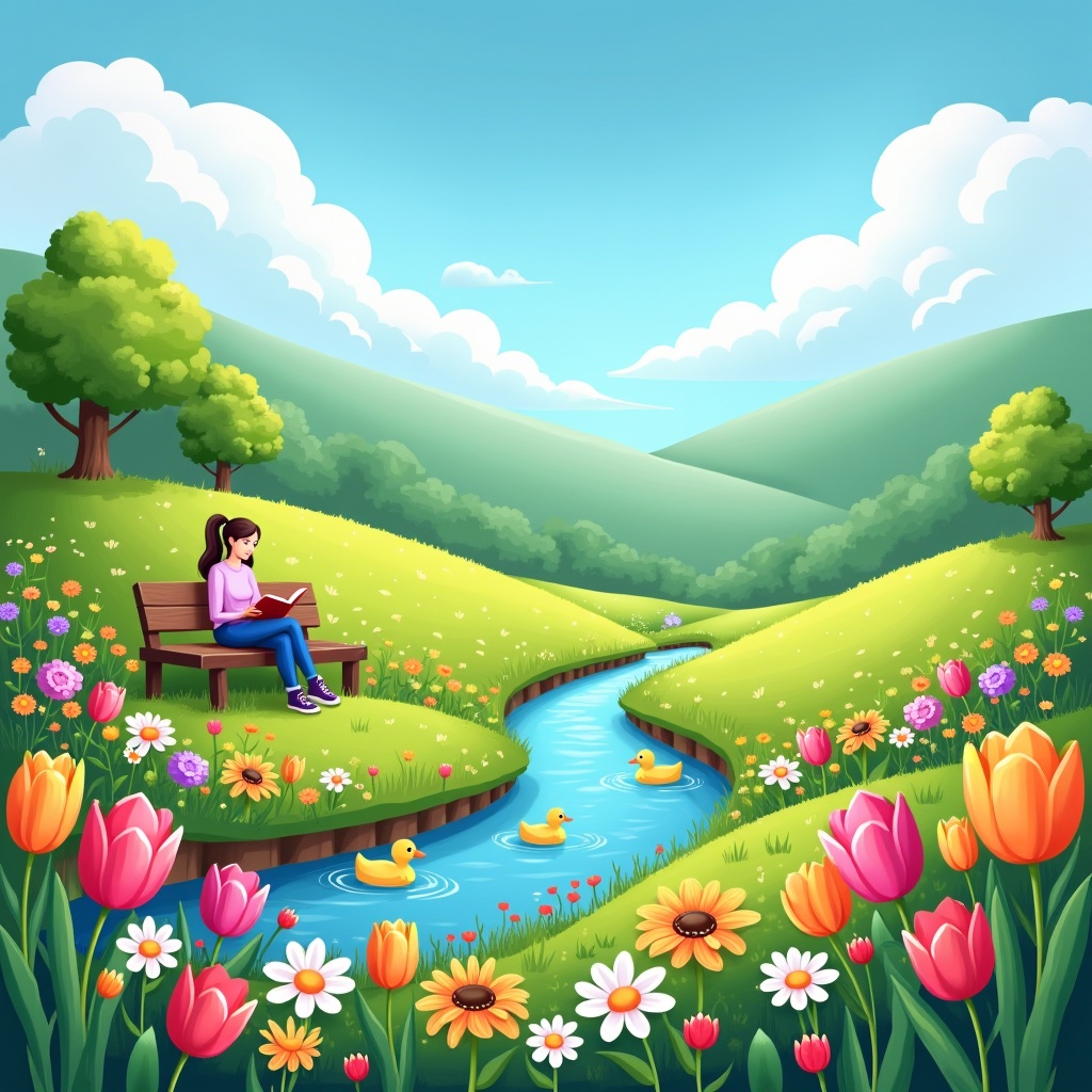 Landscape with a girl reading on a bench near a stream. Ducks swimming in the water. Colorful flowers in the foreground. Sunny blue sky with clouds. Rolling hills in the background.