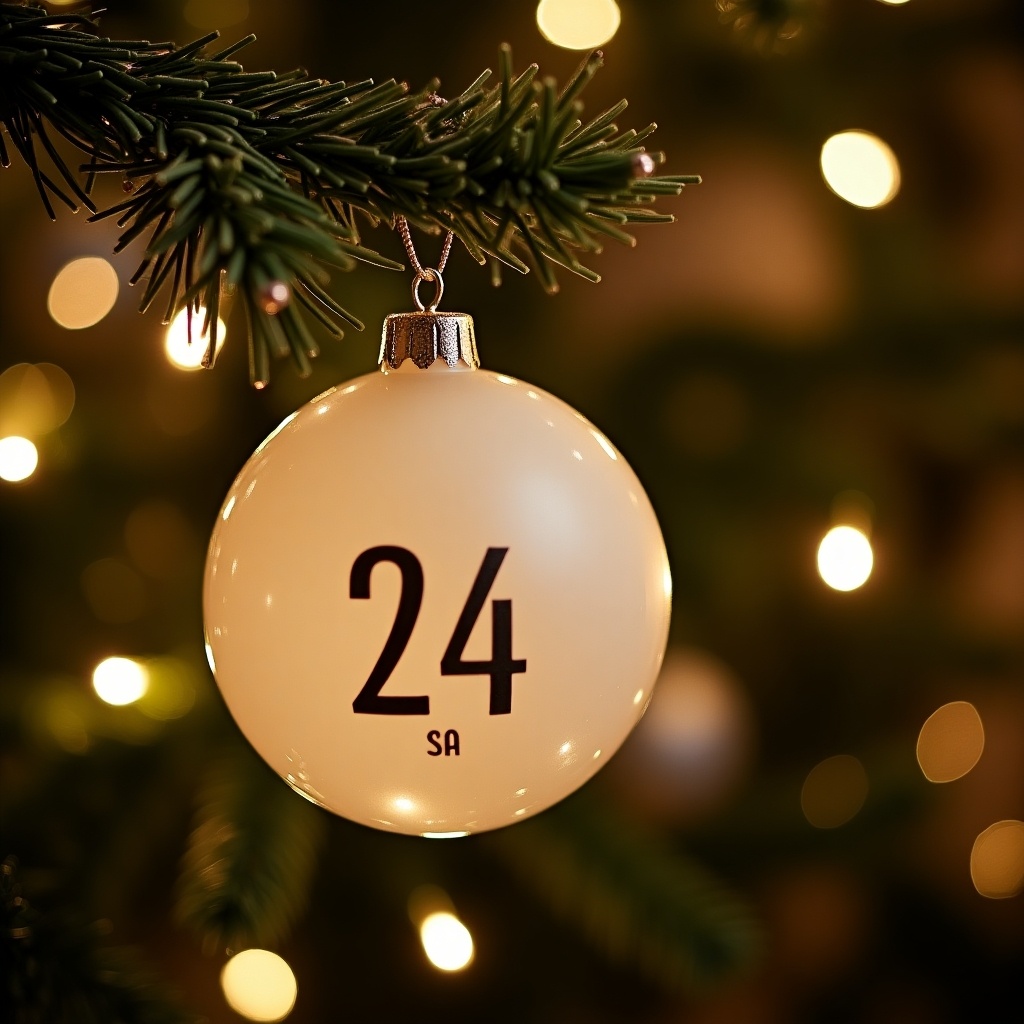 Close-up of a white Christmas bauble with the number 24 and 'SA' logo. Twinkling lights in the background create a magical ambiance. Perfect for holiday celebrations.