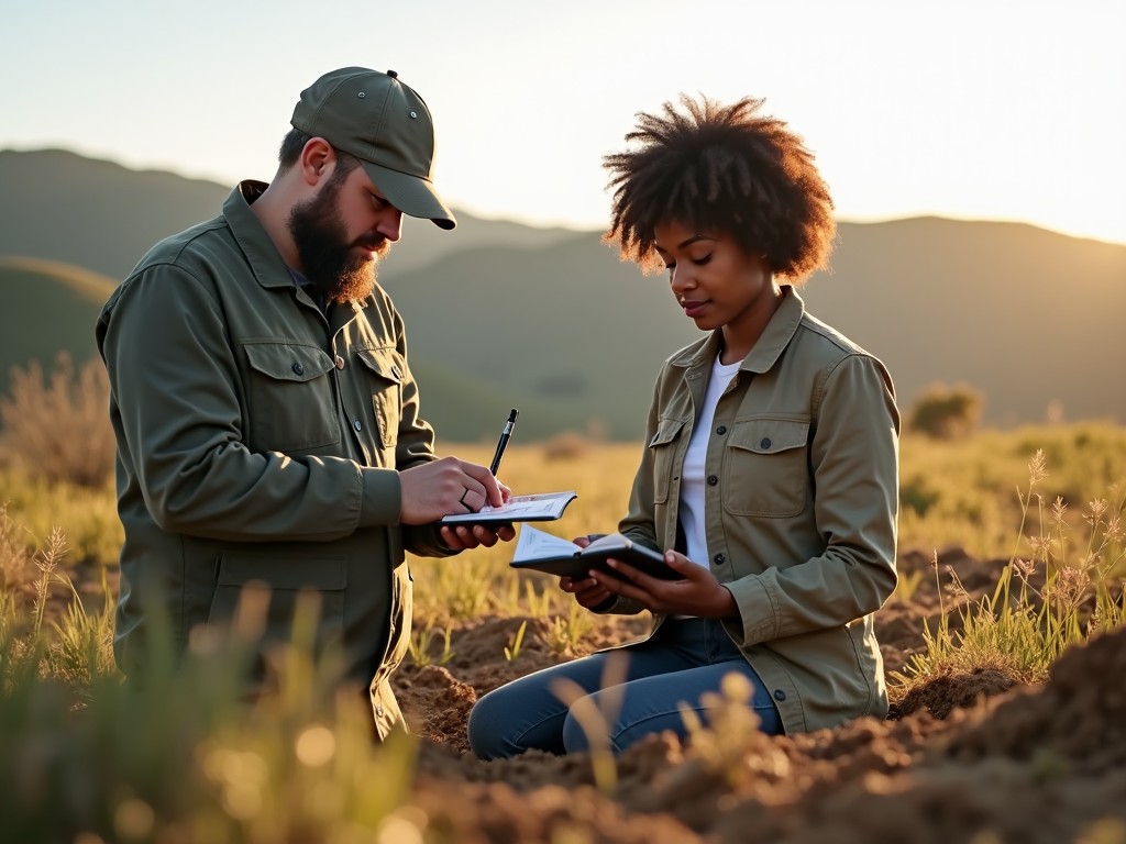 The image depicts two environmental consultants engaged in work in a field. A male consultant is taking notes while a black female consultant is using a smartphone. They are dressed in professional outdoor gear suitable for fieldwork. In the background, gentle hills are bathed in soft sunlight. The atmosphere conveys teamwork and a commitment to environmental sustainability. Both consultants are focused on inspecting soil samples, reflecting their dedication to accurate observations and responsible practices.