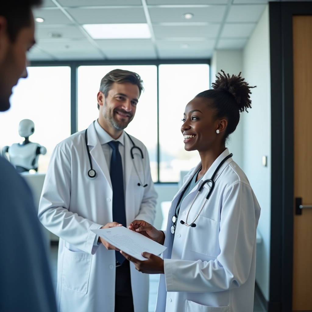 In this image, a confident black female doctor wearing a white coat and stethoscope is seen engaging with a patient in a bright and modern exam room. She listens attentively as she interacts, showcasing professionalism and compassion in healthcare. Accompanying her is a male doctor, also dressed in a white coat, who smiles welcomingly. The background includes clinical equipment and large windows that let in natural light, contributing to a positive atmosphere. A shadowy figure represents the integration of artificial intelligence in this healthcare setting. The overall portrayal emphasizes care and approachability in medical services.