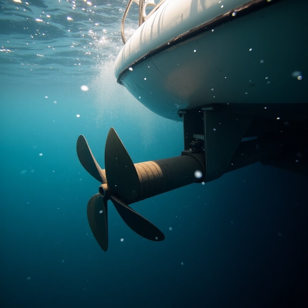 View underwater of boat propeller in blue water. Propeller submerged under surface of the sea. Light rays pass through water. Clear water surrounding boat. Bubble stream near propeller.