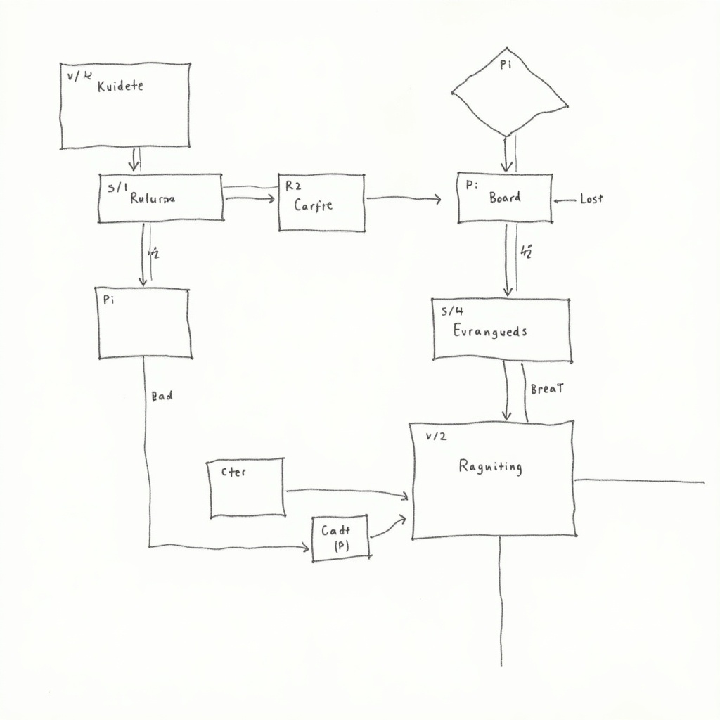 This is a simple flowchart illustrating the process of setting up and configuring a Raspberry Pi board. It includes various steps indicated by labeled boxes such as 'Kuidete,' 'Carjite,' and 'Evrangueeds.' Key decision points like 'Bad' and 'Lost' are shown as diamonds, which guide the user through different paths based on their input. Each step leads logically to the next, making it easier for users to follow along. The flowchart is drawn in a simplistic, clear style to ensure easy understanding.