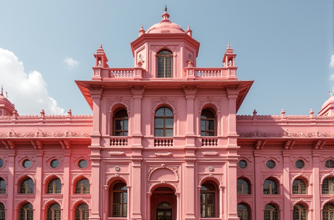 This is a large, detailed pink building with arched windows and decorative elements.