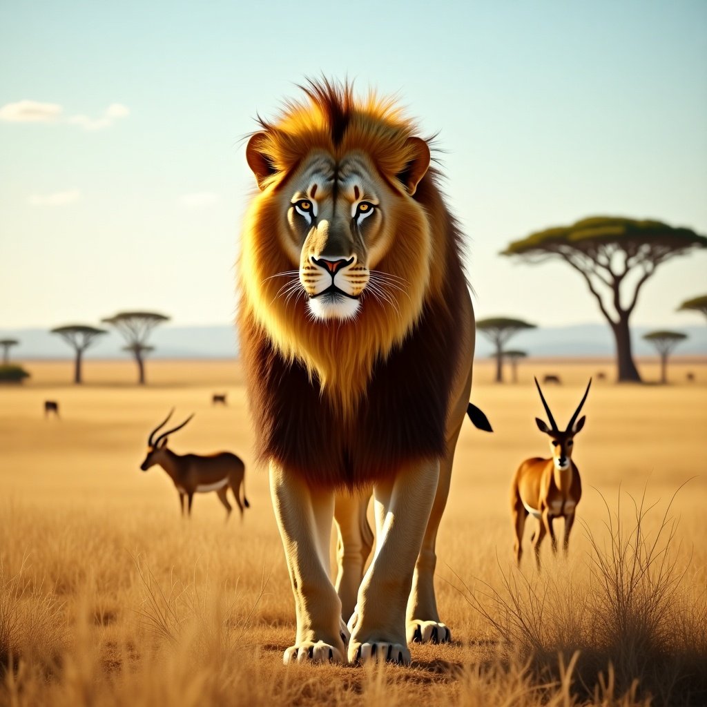 A lion walking in a savannah landscape with antelope in the background.