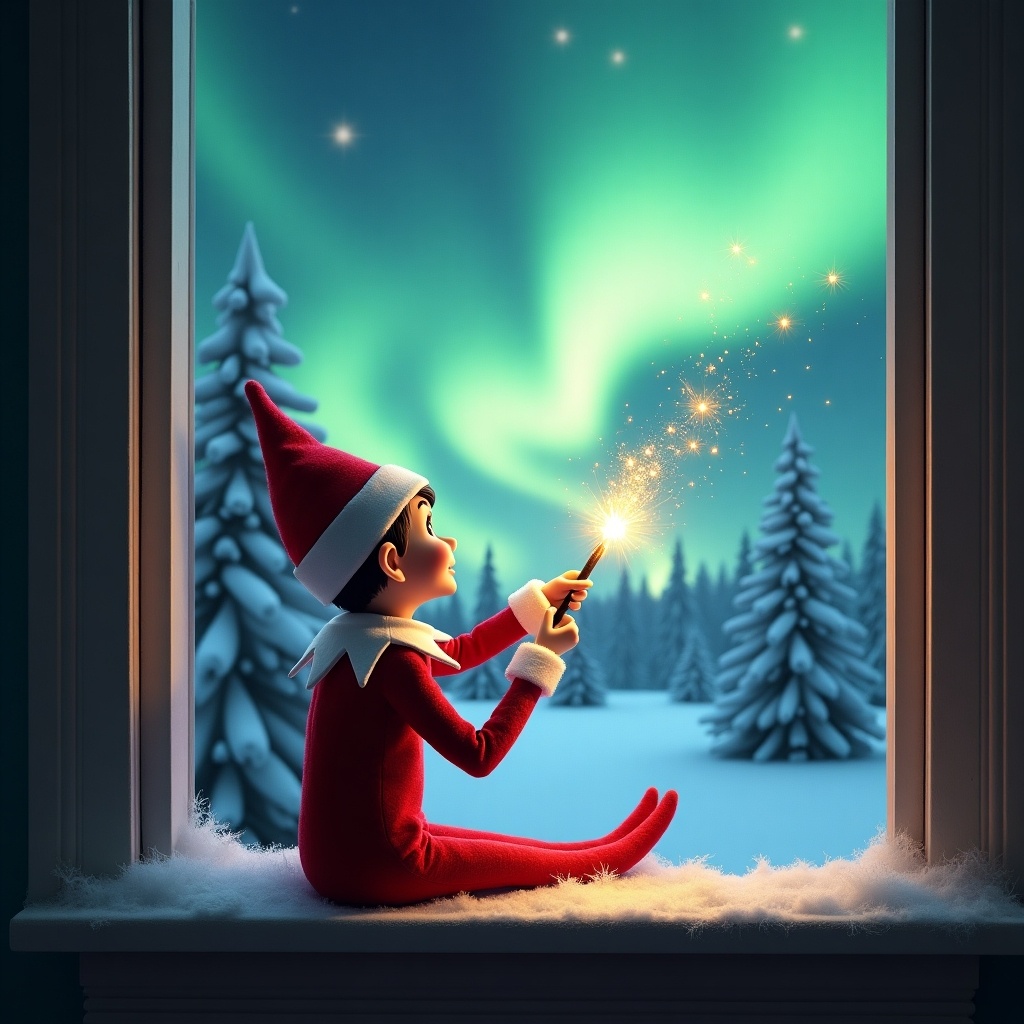 Image features an elf on the shelf sitting on a window ledge. The elf uses a wand to create twinkling sparks. The sparks read, 'Ari, Santa is not happy with you. You need to behave and listen to your parents.' The elf looks up at the northern lights. Background is a winter wonderland with snow-covered pine trees. The elf wears a vibrant red outfit with white trim. Magical ambiance is created by the aurora borealis.