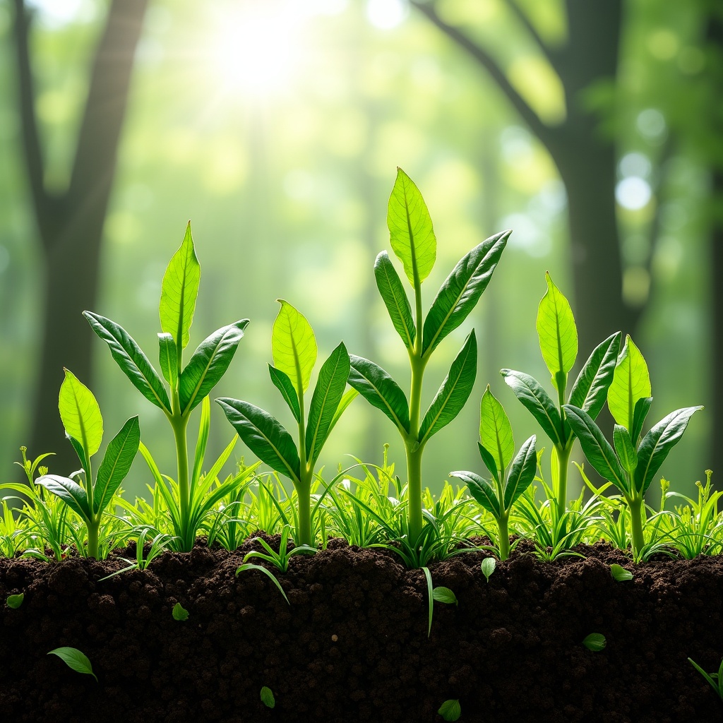 Lush green plants bursting from the earth. Tall trees and blooming flowers surround vibrant grasses. New life fills the world as energy pulses through the soil.