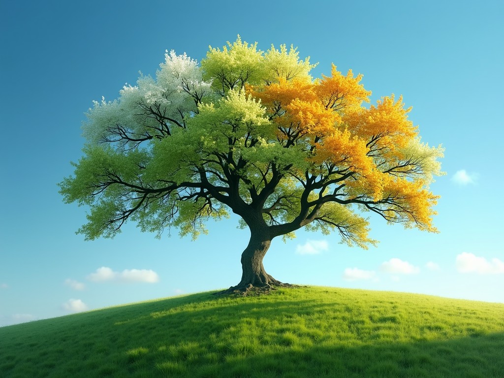 This captivating image features a single tree standing on a grassy hill under a clear blue sky. The tree's foliage is uniquely colored to represent different seasons: white blossoms for spring, green leaves for summer, and golden hues for autumn. The scene conveys a harmonious blend of nature's cycles, creating a visually stunning representation of seasonal change.