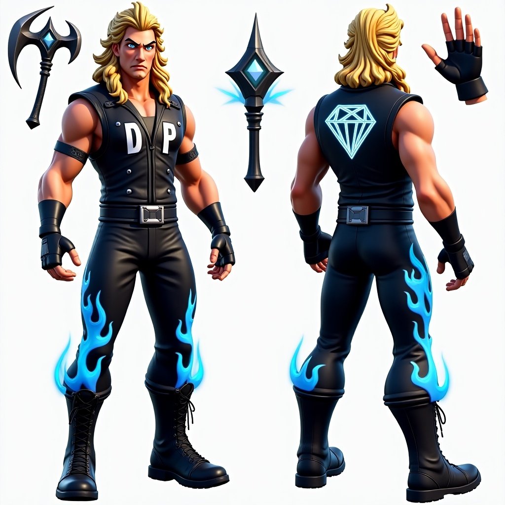 Detailed Fortnite skin design with a character inspired by Diamond Dallas Page. Features curly blond hair and blue eyes. Includes sleeveless leather vest with 'DDP', fingerless gloves, black wrestling pants with blue flame patterns, and combat boots. Accessories are diamond-shaped pickaxe and holographic back bling.