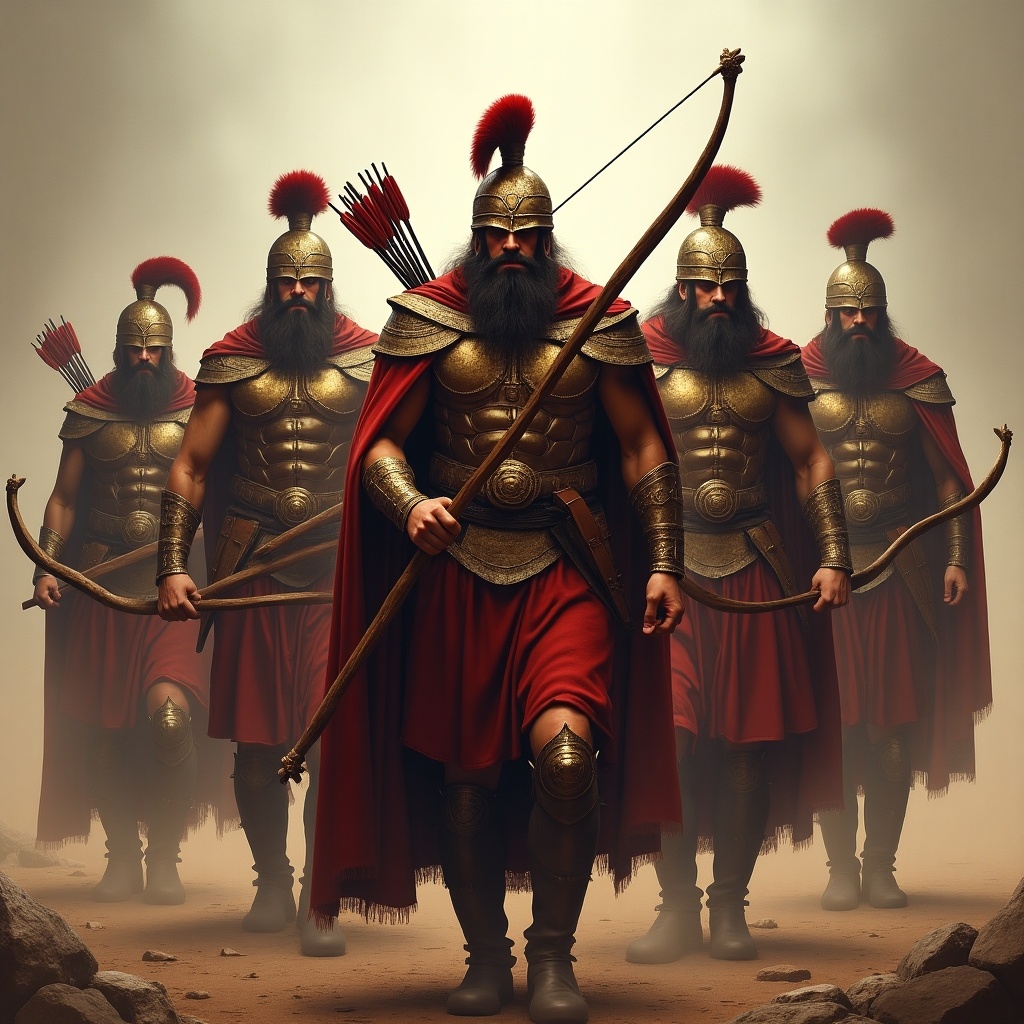 Five warriors in ancient battle costumes. They are wearing armor and helmets. They are armed with bows and arrows. The setting is dramatic and epic, resembling a historical battlefield.