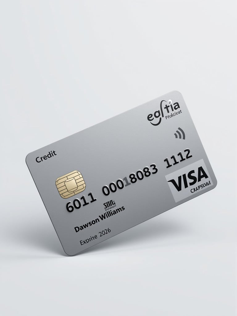 Realistic credit card image showcases details. Card has Visa logo prominently displayed. Card number is 6011000180331112, printed below logo. Cardholder's name is Dawson Williams, aligned correctly. Expiry date is February 2026 at bottom. Design is modern and sleek with silver background and black font. Conveys essence of standard credit card for financial transactions.