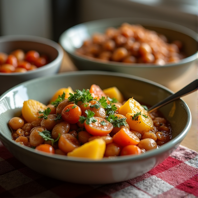 A bowl of mixed beans and cherry tomatoes, garnished with fresh herbs, sits on a checkered cloth.