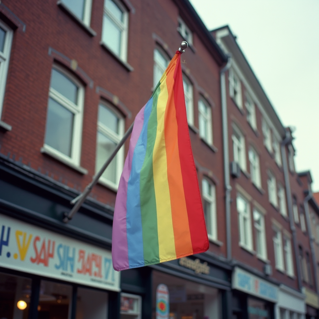 A rainbow flag waves proudly in an urban setting.