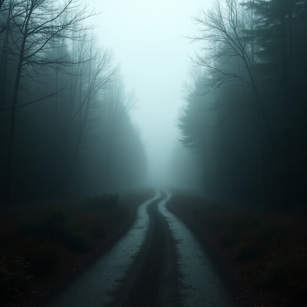 Winding narrow trail disappears into dense forest. Mist envelops the scene creating an air of mystery. Journey ahead remains unclear. Fog symbolizes time and contemplation.