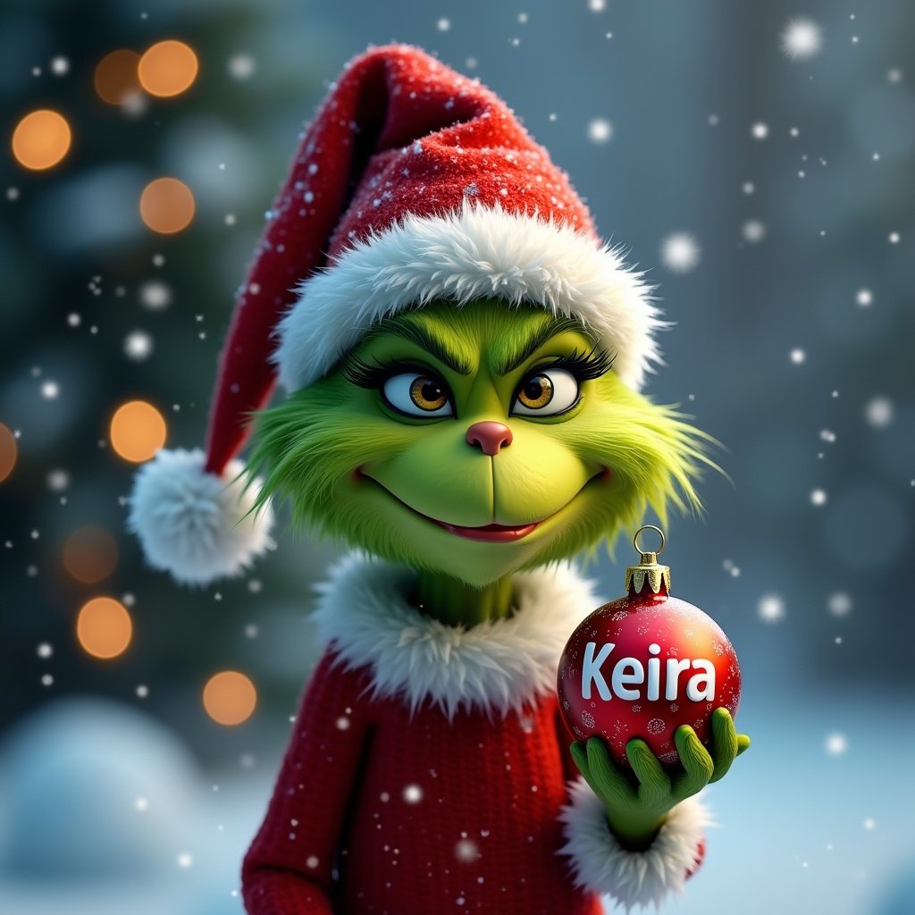 Grinch character holding a Christmas bauble with name Keira. Snowy background decorated with Christmas lights.