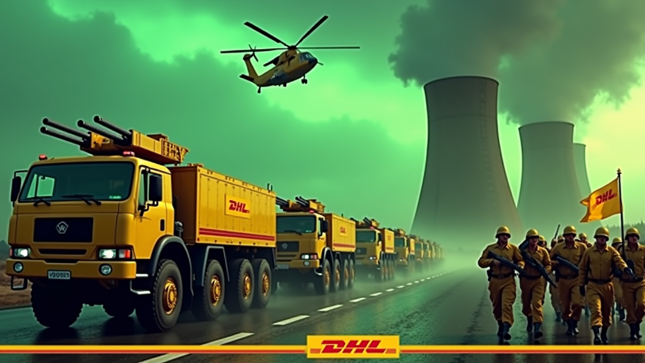 In a dramatic scene, several large yellow armored trucks drive up to a road checkpoint. These trucks are equipped with double-barrel roof-mounted cannons and clearly display the DHL logo. Nearby, soldiers in yellow uniforms march together, some holding rifles and one carrying a flag with the DHL logo. In the background, smokestacks from a nuclear power plant loom under an eerie green sky. A Chinook CH-47 helicopter flies above, adding intensity to the atmosphere. The DHL logo is prominently displayed at the bottom in bold yellow text.